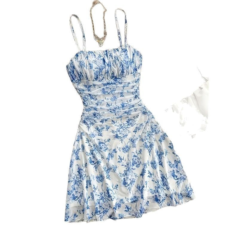 Women's Blue Floral Mid Waist French Strap Dress
