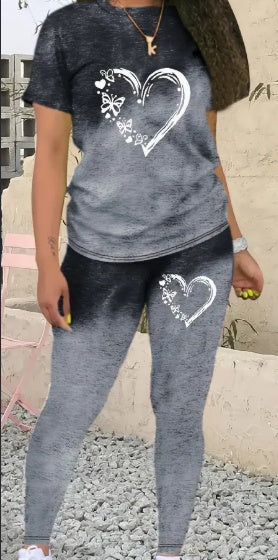 Women's Alphabet Print Round Neck T-Shirt & Leggings Set