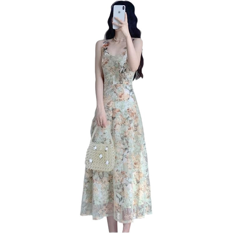 French Retro Green Lace Spaghetti Strap Dress Summer