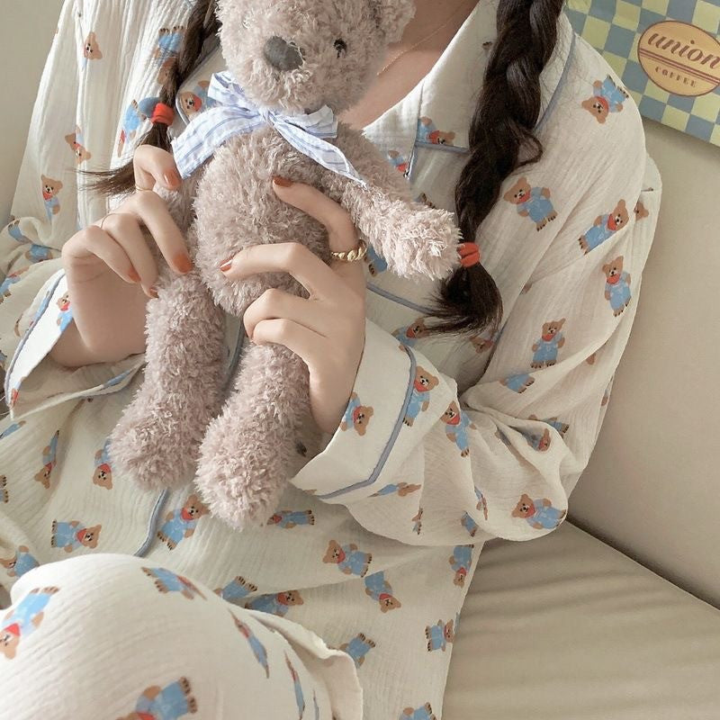 Pyjama bébé en coton, cardigan fin à manches longues imprimé ours, tenue d'intérieur pour petite fille
