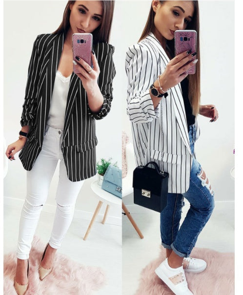 Blazer sexy à manches longues et à rayures, longueur moyenne en coton