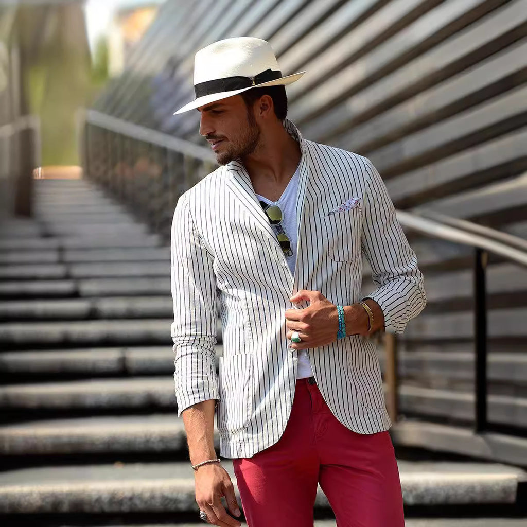 Veste de costume décontractée ample rayée et fine en coton et lin pour homme