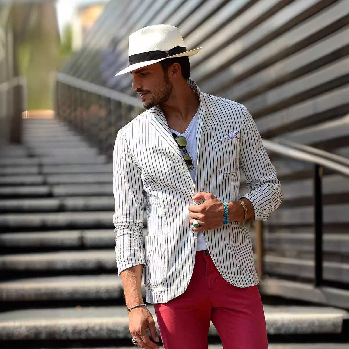 Veste de costume décontractée ample rayée et fine en coton et lin pour homme