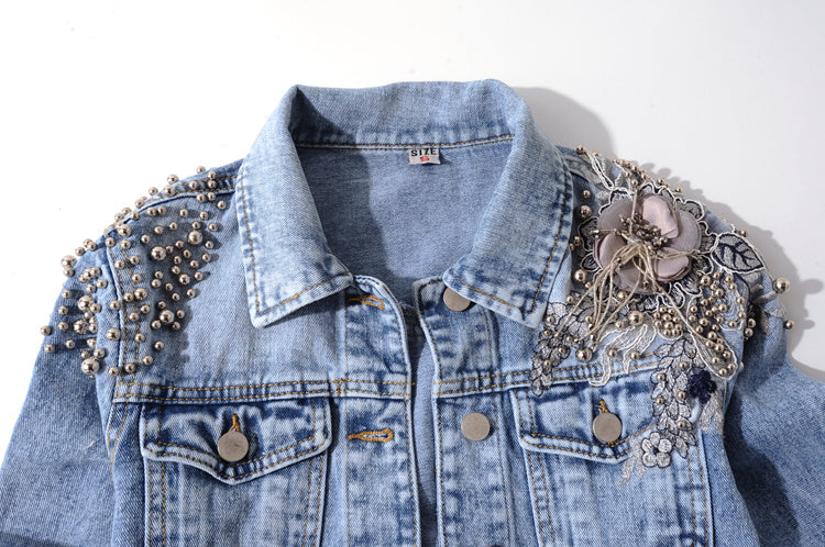 Heavy Industry Beaded Flowers Long-sleeved Denim Jacket