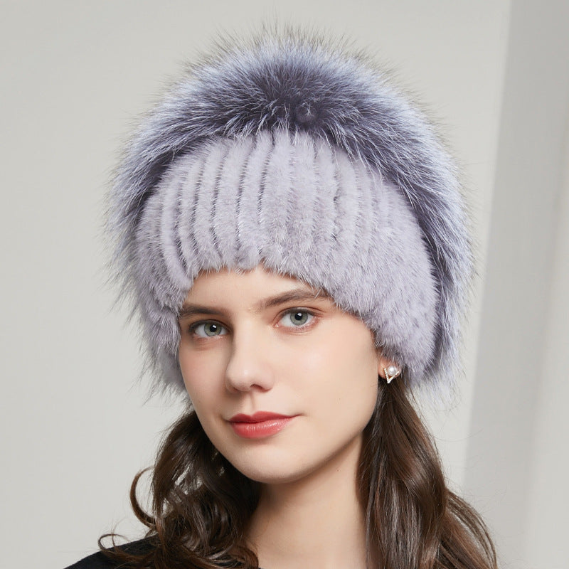 Bonnet d'hiver chaud en fourrure de renard avec strass et tricot extensible pour femme
