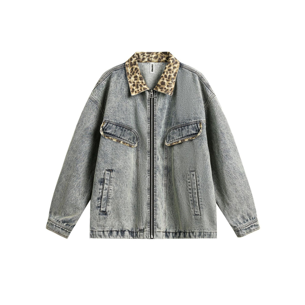 American Retro Washed Denim Jacket with Leopard Print Lapel