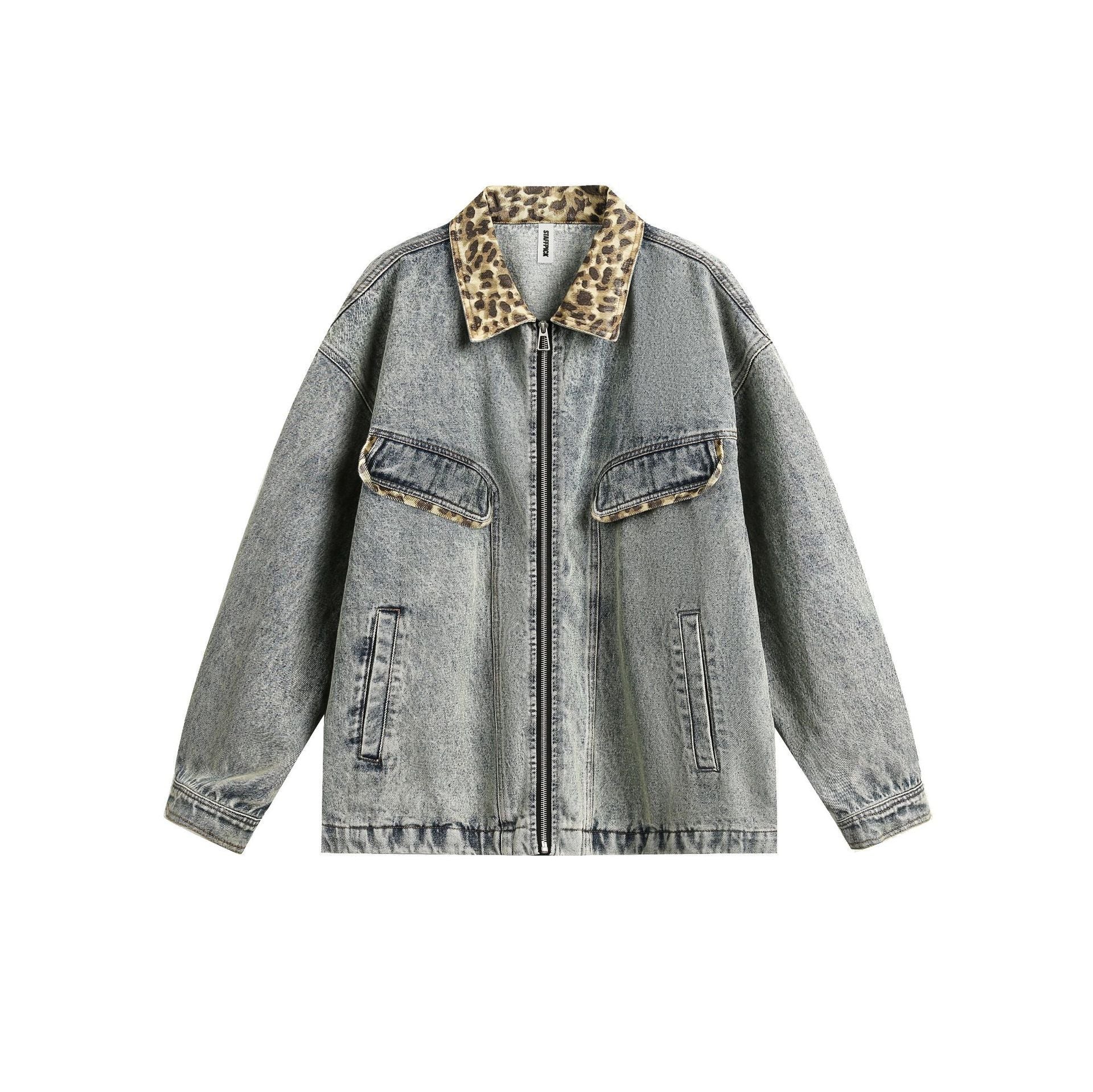 American Retro Washed Denim Jacket with Leopard Print Lapel