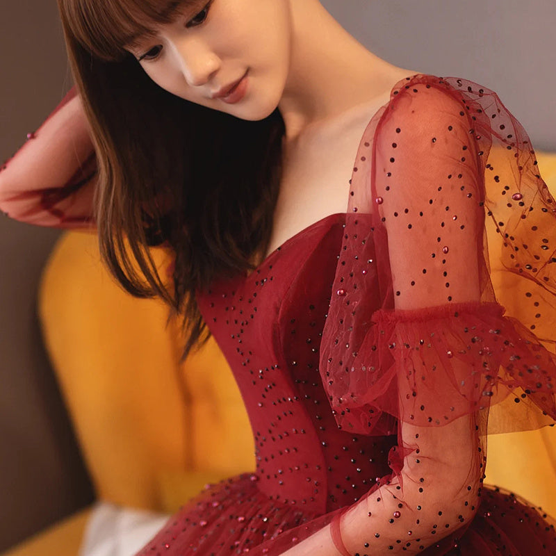 Wine Red Long Sleeve Bubble Sleeve Banquet Dress for Women