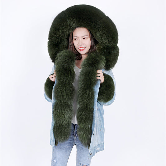 Denim Style Coat with Detachable Rabbit Hair Liner and Fur Collar
