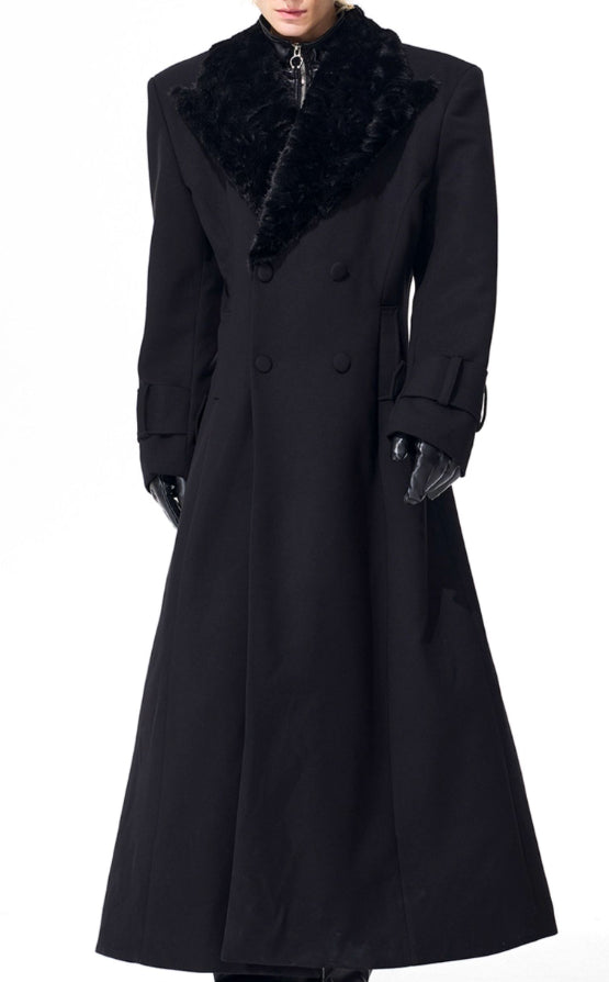 Noble Stitched Lapel Long Trench Coat Blazer in Black