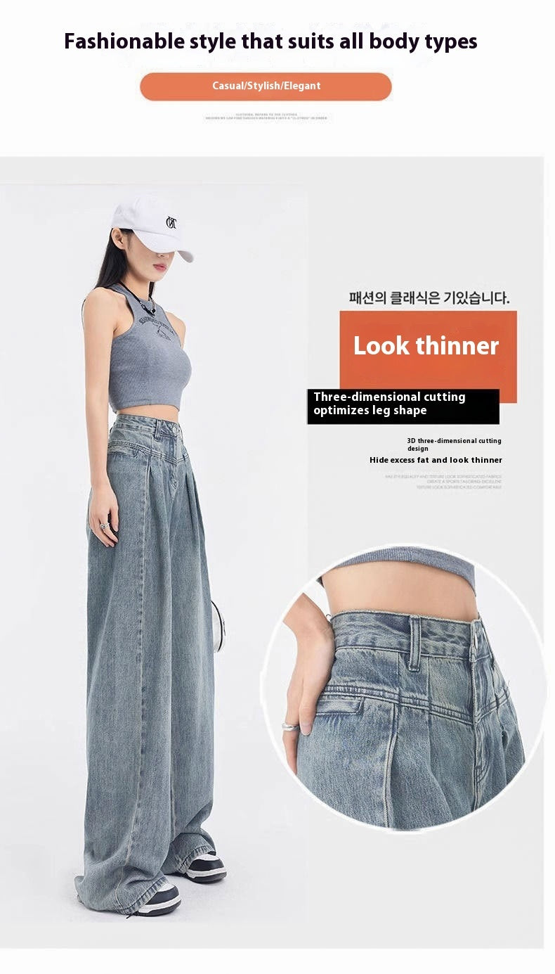 High Waist Pleated Wide Leg Loose Cotton Denim Jeans for Women