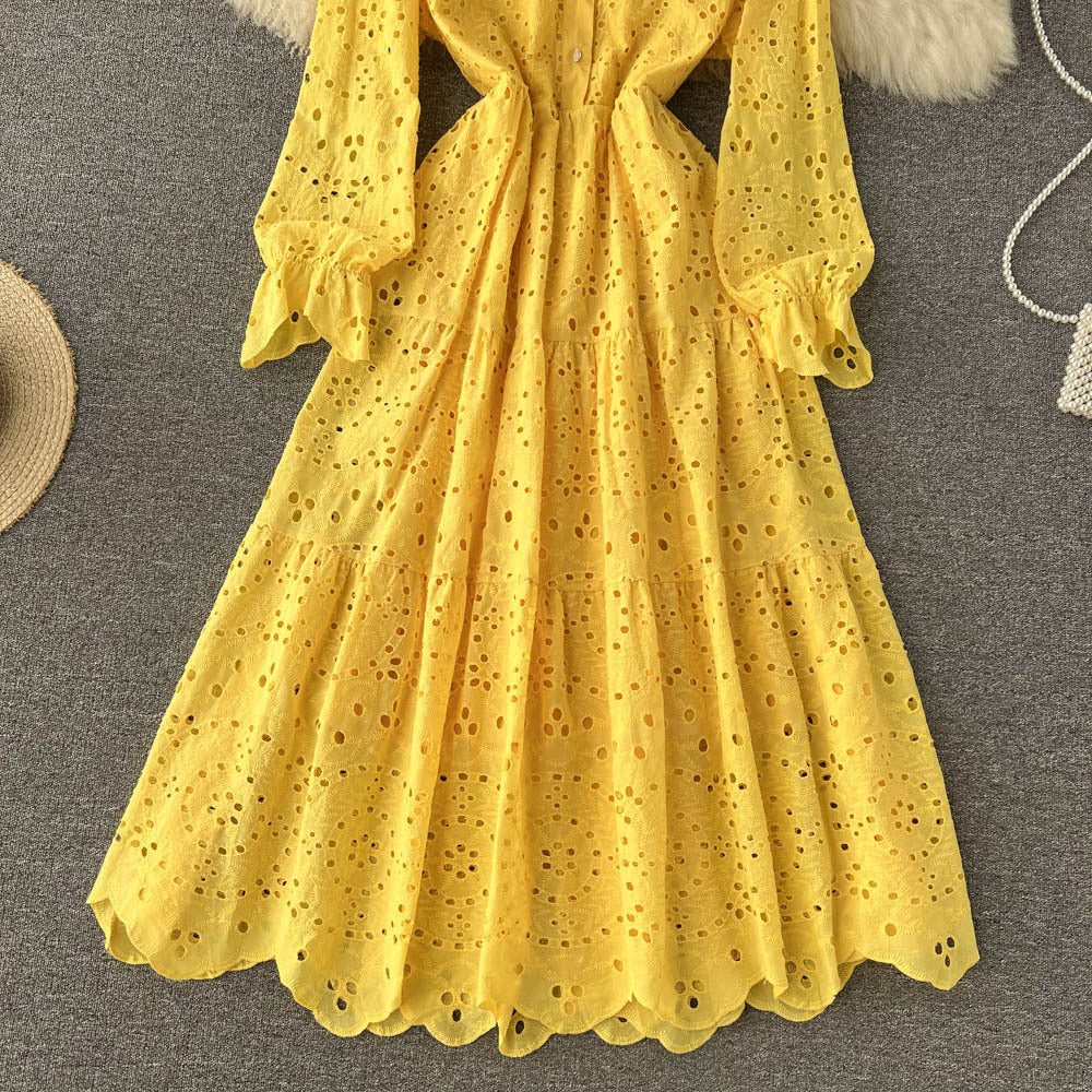 Women's High Waist Cut-Out Lace Dress in White, Khaki, Pink & Yellow