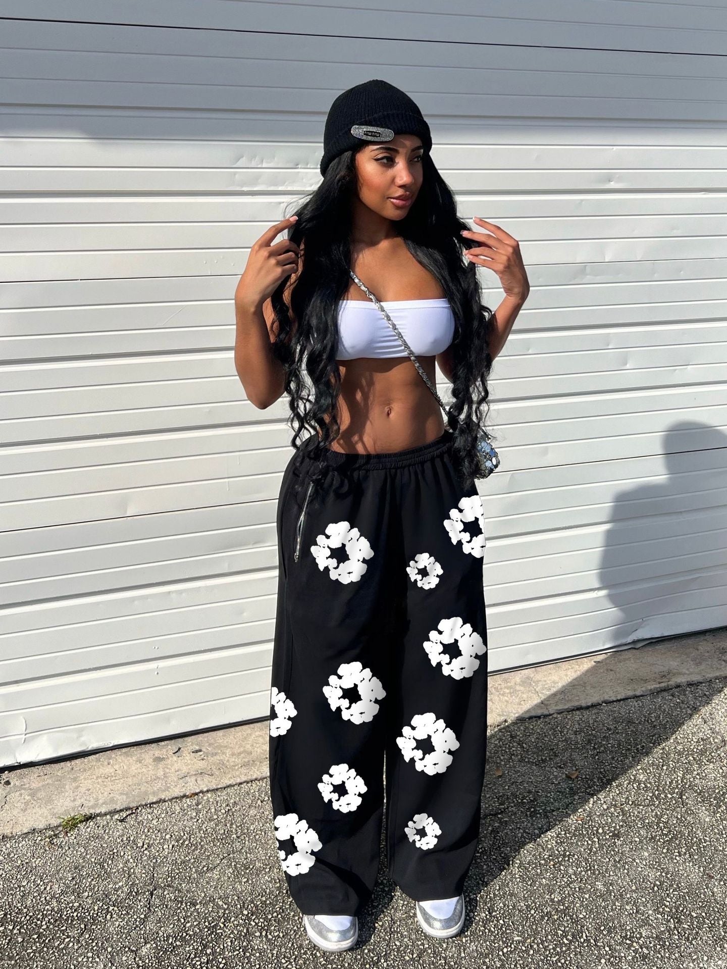 Women's Loose Black Casual Sweatpants with Offset Printing
