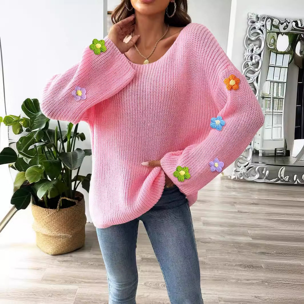 Womens Hand-Crocheted Floral Patchwork Flare Sleeve Sweater
