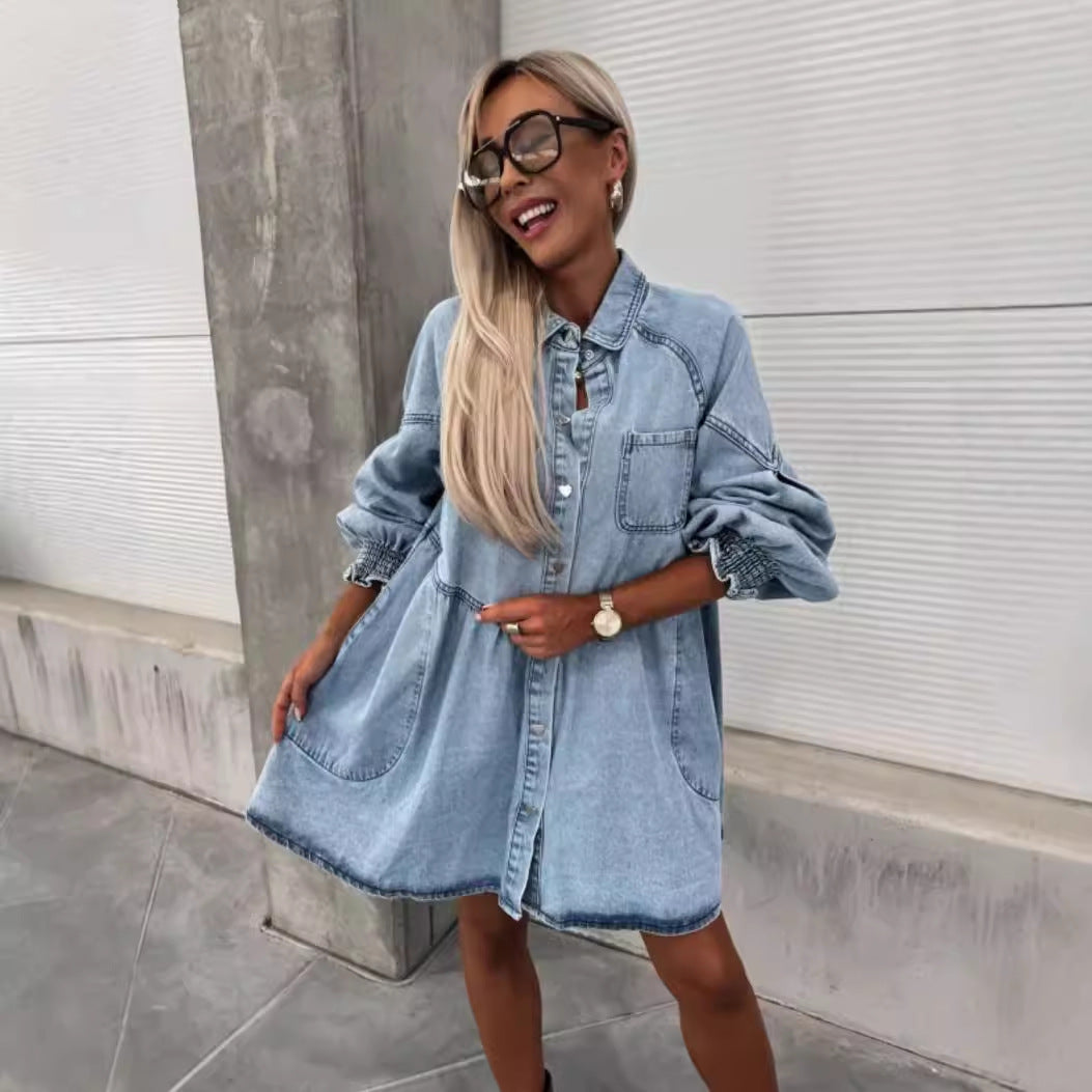 Robe boutonnée en jean à manches longues pour femmes, idéale pour le printemps et l'été