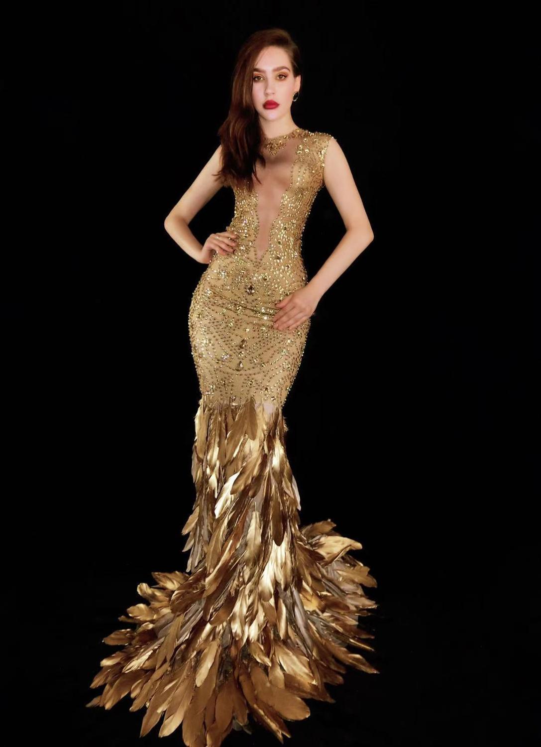 Gold Feather Rhinestone Bag Hip Elastic Evening Dress