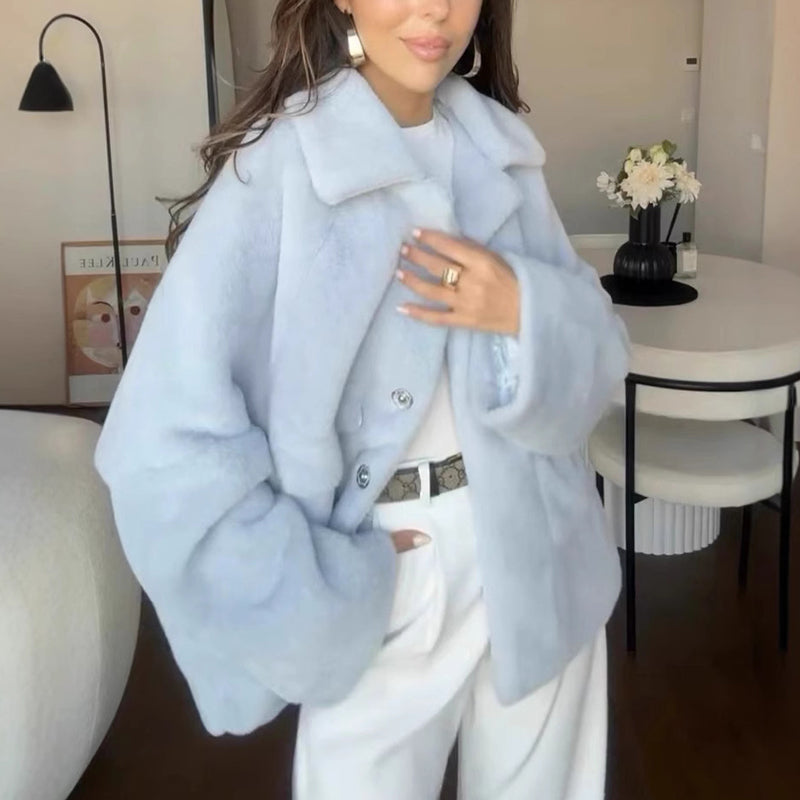 Loose Lapel Single-Breasted Furry Fleece Coat Long Sleeve Plush Jacket for Women