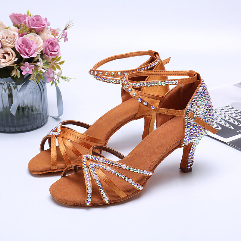 Women’s Rhinestone Pearl Satin Latin Dance Shoes High Heels
