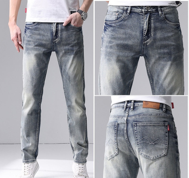 Men's Slim Fit Straight Jeans Mid Waist Cotton