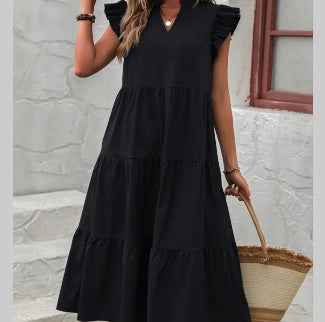Robe Femme en Coton Ample à Manches Courtes Col V avec Couture
