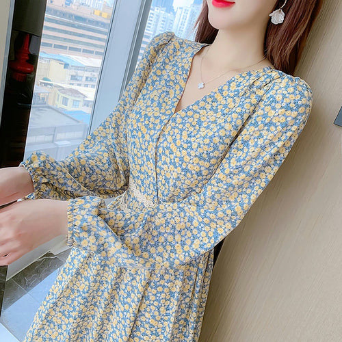 Womens Floral A-Line Dress with French Collar and Defined Waistline