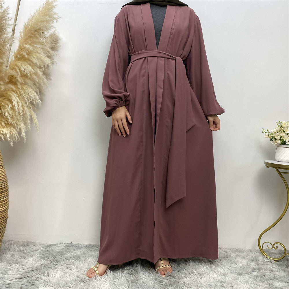Lace-Up Cardigan Robe with Cuffs & Pockets for Middle Eastern Women