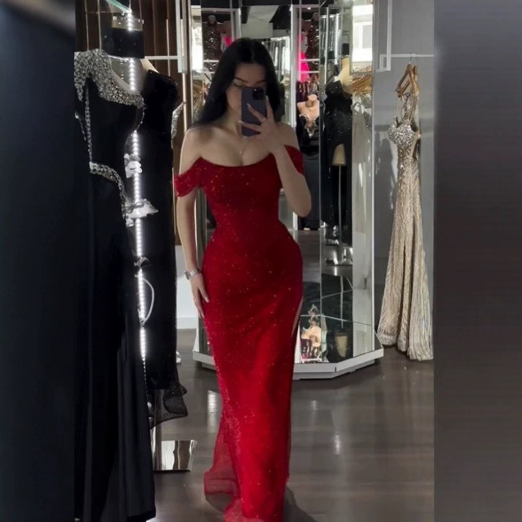 Women's Red Shiny High Slit Dress S-XXL