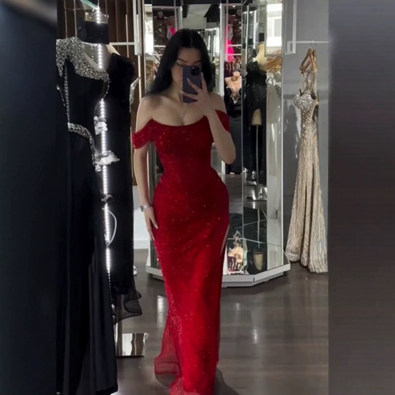Women's Red Shiny High Slit Dress S-XXL
