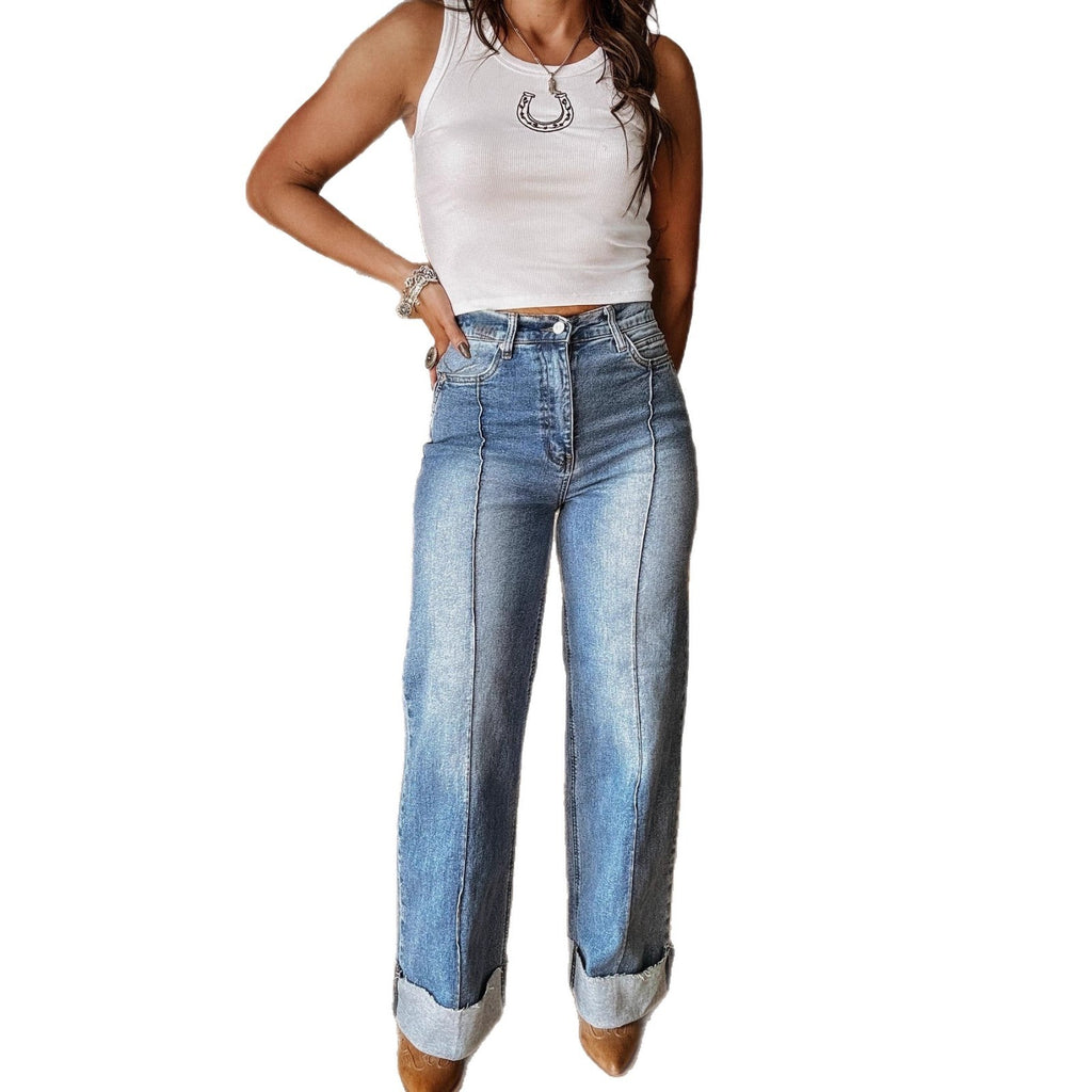 Jean Droit en Denim Bleu Délavé Taille Mi-Haute