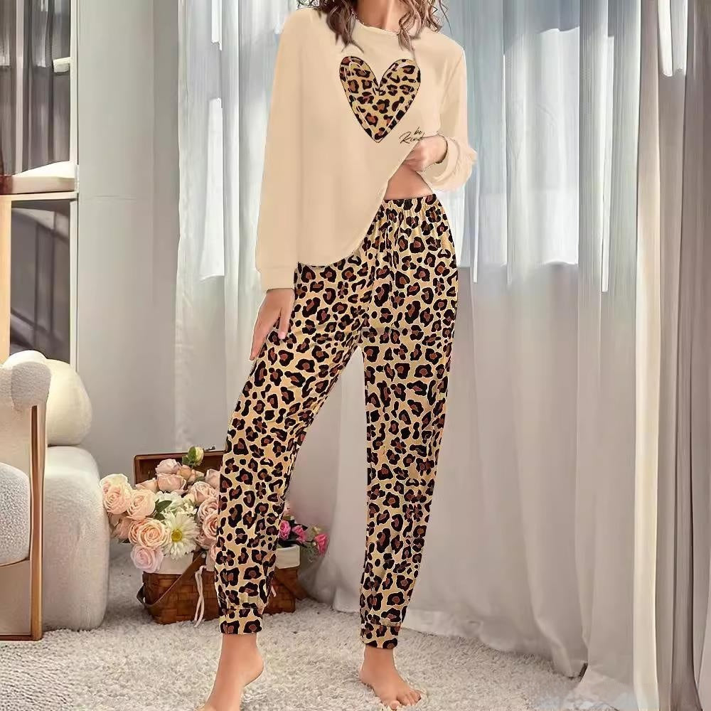 Apricot Wool Blend Printed Round Neck Long Sleeve Top & Pants Two-Piece Suit