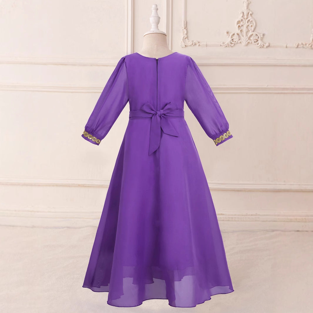 Robe longue bouffante violette en mousseline de soie à manches longues pour fille, ornée de rubans, style princesse du Moyen-Orient