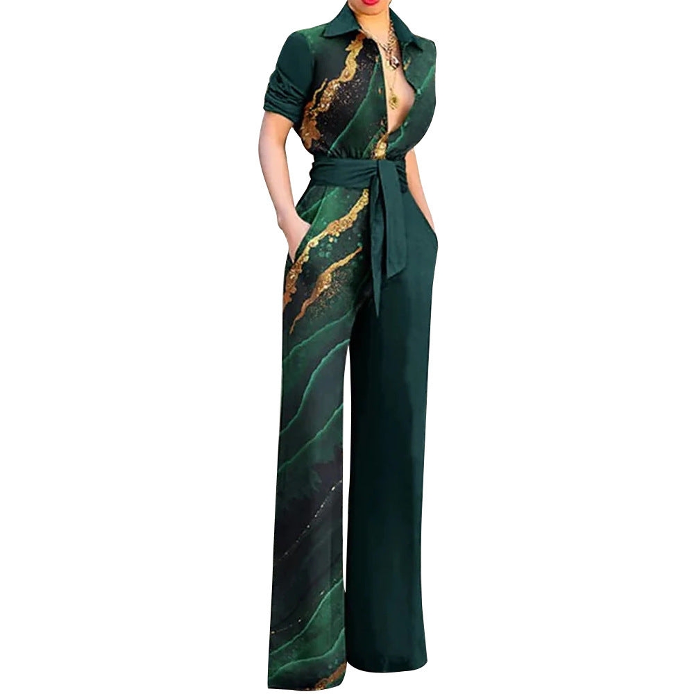 Women's Green Printed Long Sleeve Lapel Loose Casual Jumpsuit Polyester