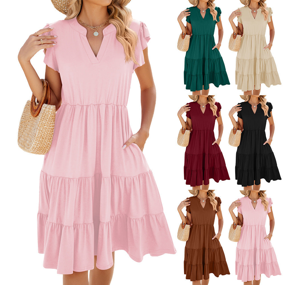 Robe Femme en Coton Ample à Manches Courtes Col V avec Couture