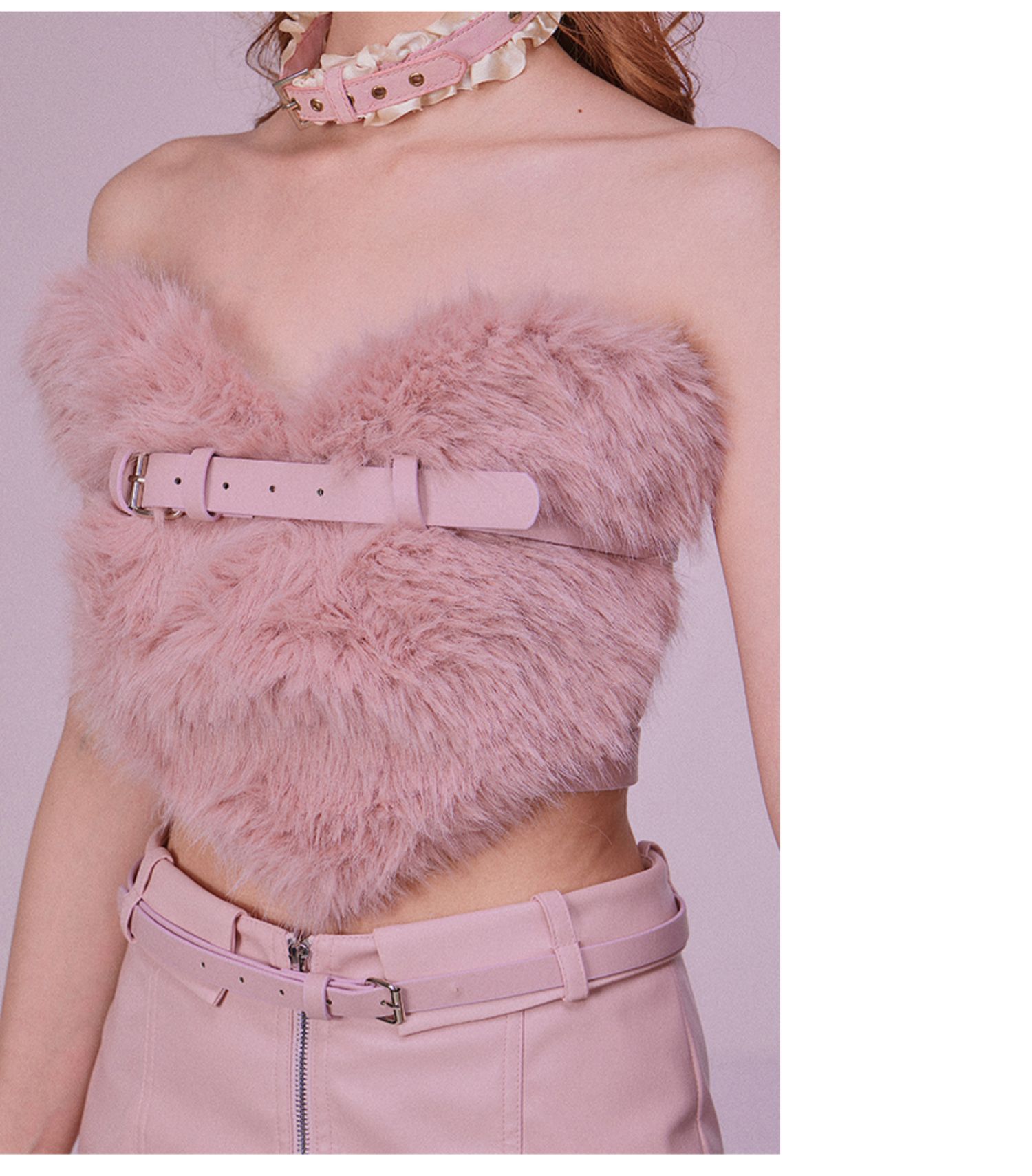 Heart Hair Bra and Leather Skirt Set for Autumn Winter