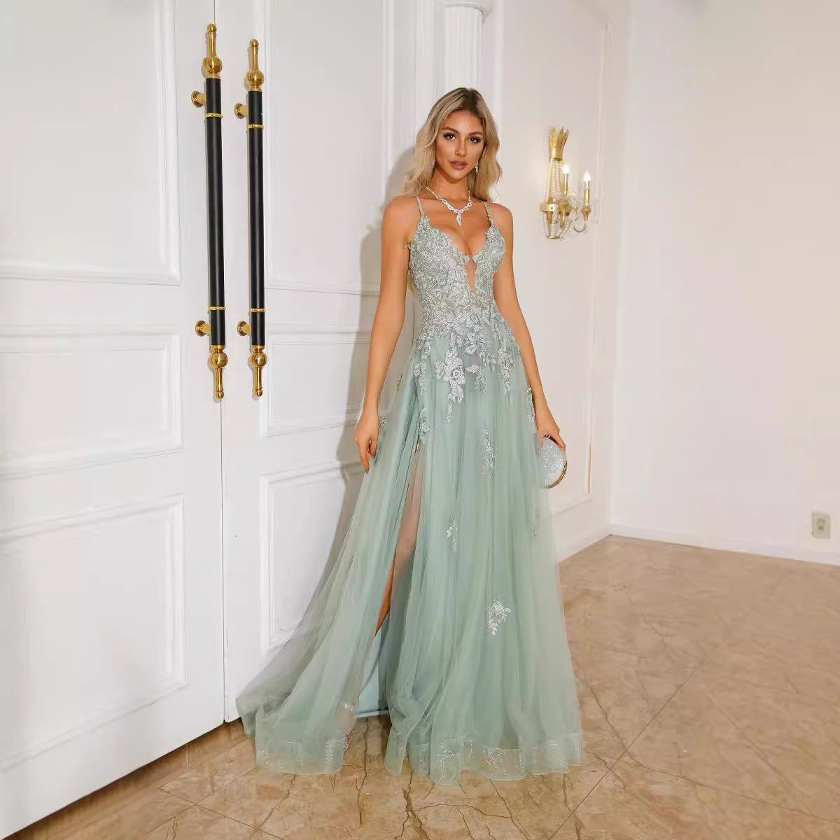Robe de soirée longue pour femme avec bretelles, manches princesse et laçage