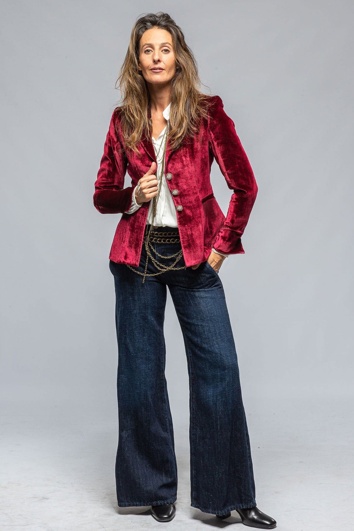 Costume élégant en velours doré pour femme, veste rétro à manches longues avec poches