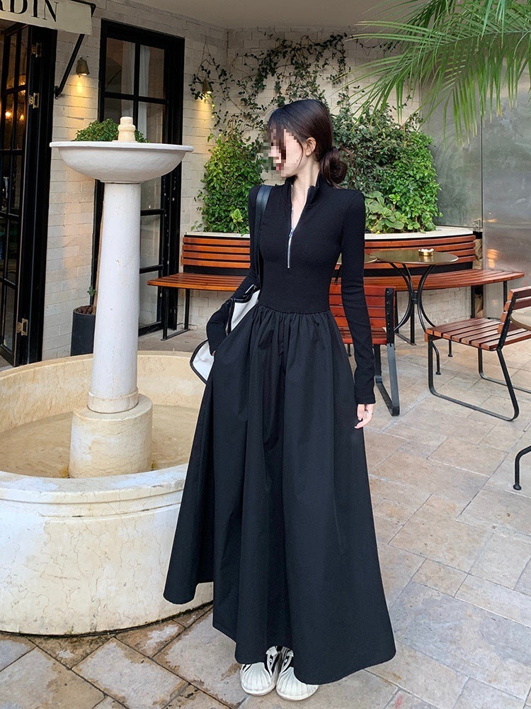 Fashionable Black Knitted A-Line Dress for Women