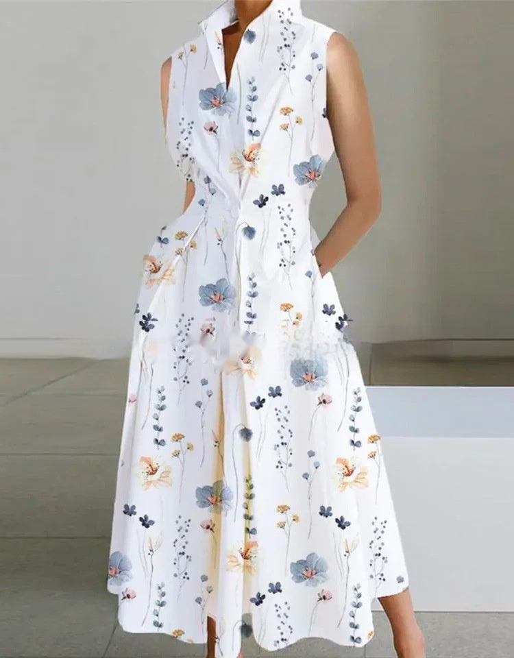 Robe mi-longue en coton à col montant, taille cintrée et imprimé poche