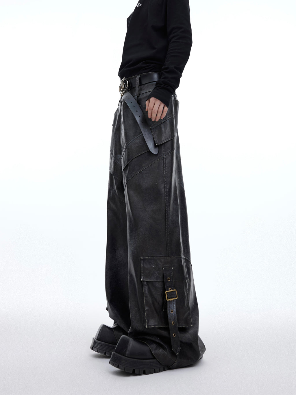 Pantalon décontracté Punk en similicuir éclaboussé d'encre avec poches