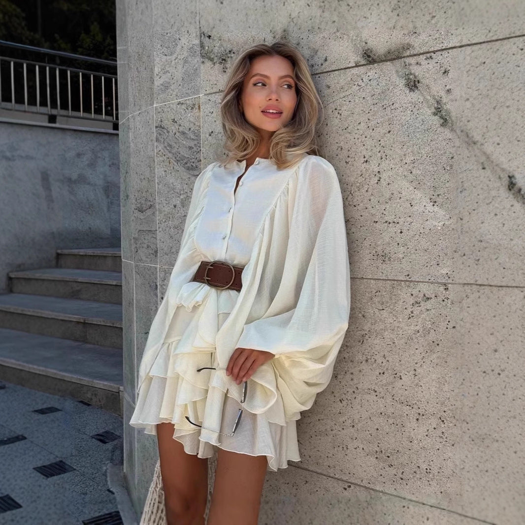 Simple Casual Style Solid Color Cascading Ruffles Lantern Long Sleeve Dress Women