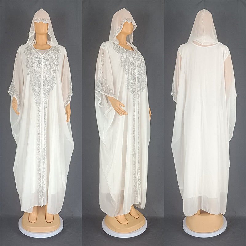 Rhinestone Beaded Muslim Hooded Long Gown Dress