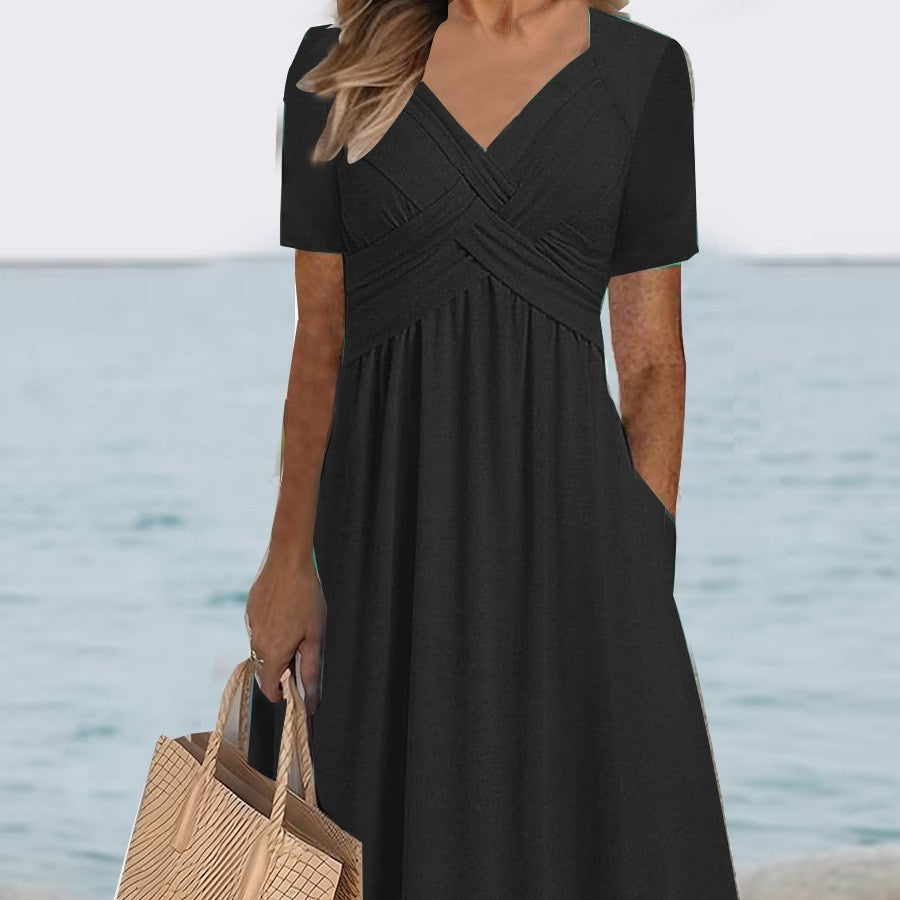 V-Neck Waist-Tight Spring Summer Dress Outerwear Nightdress in Black, Emerald, Peacock Blue, Sizes M-XXXL