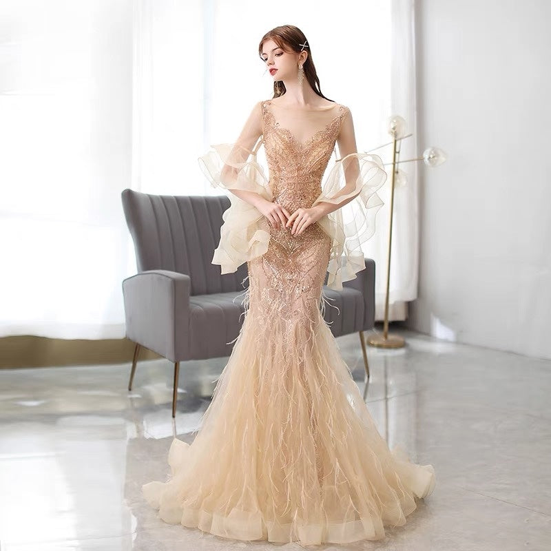 Golden Mermaid Evening Dress with Zipper, Mid Waist, 3/4 Sleeves, XXL Available
