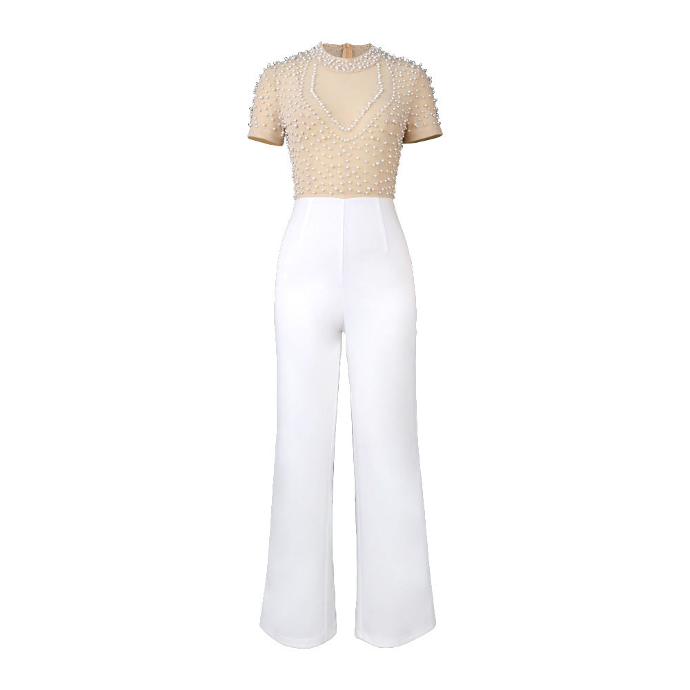 High Waist Beaded Jumpsuit with Round Neck and Long Sleeves