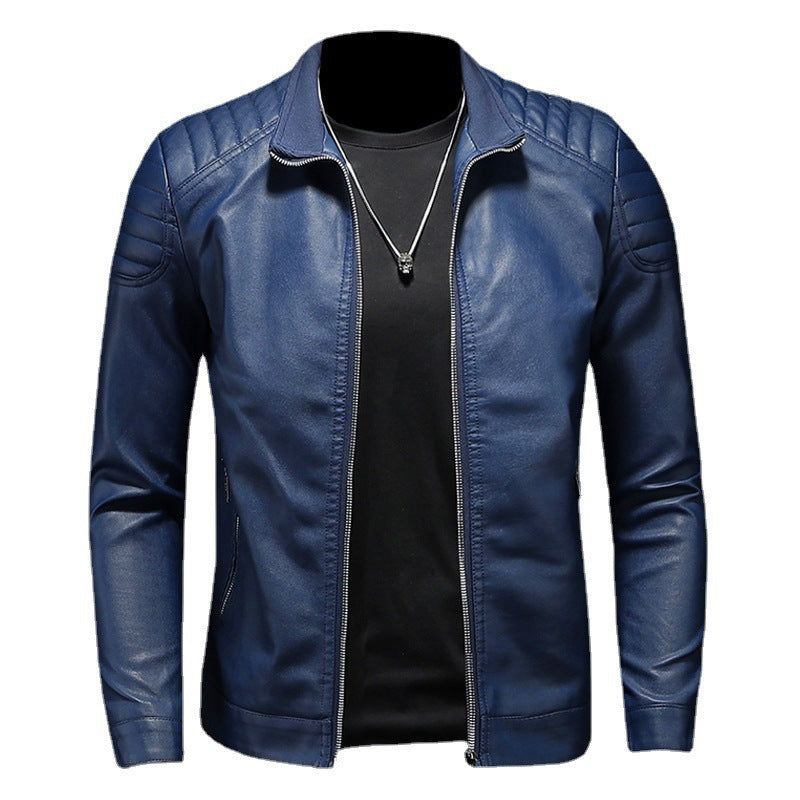 Men's Thin Leather Motorcycle Jacket with Stand Collar and Zipper Front