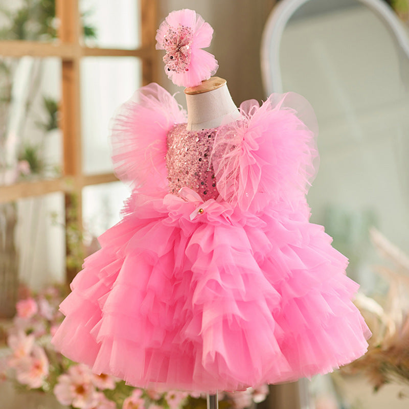 Girls' Pink Sequined Princess Dress with Headband - Sizes 80-160cm