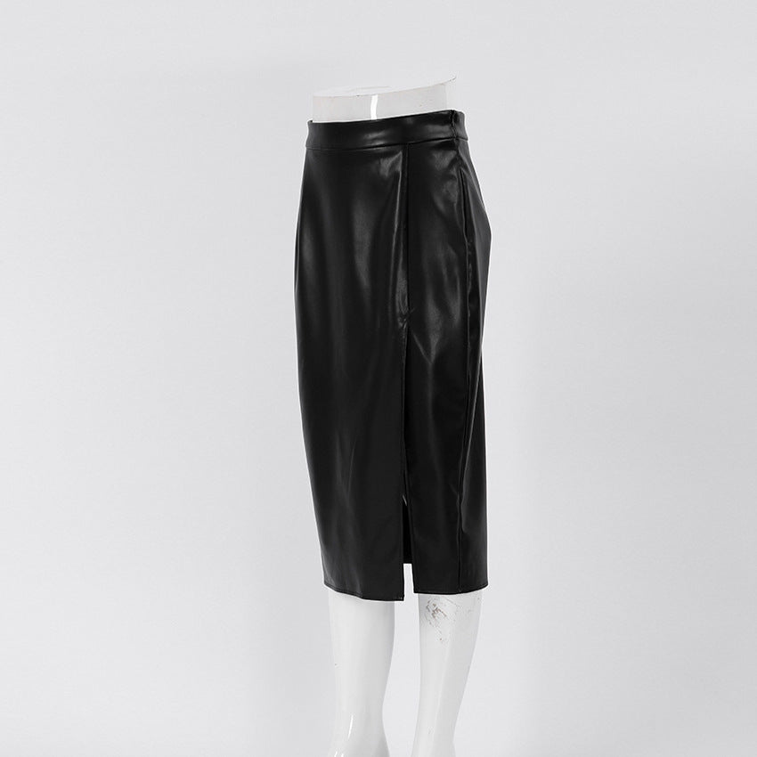 European & American High Waist Black PU Leather Split Skirt