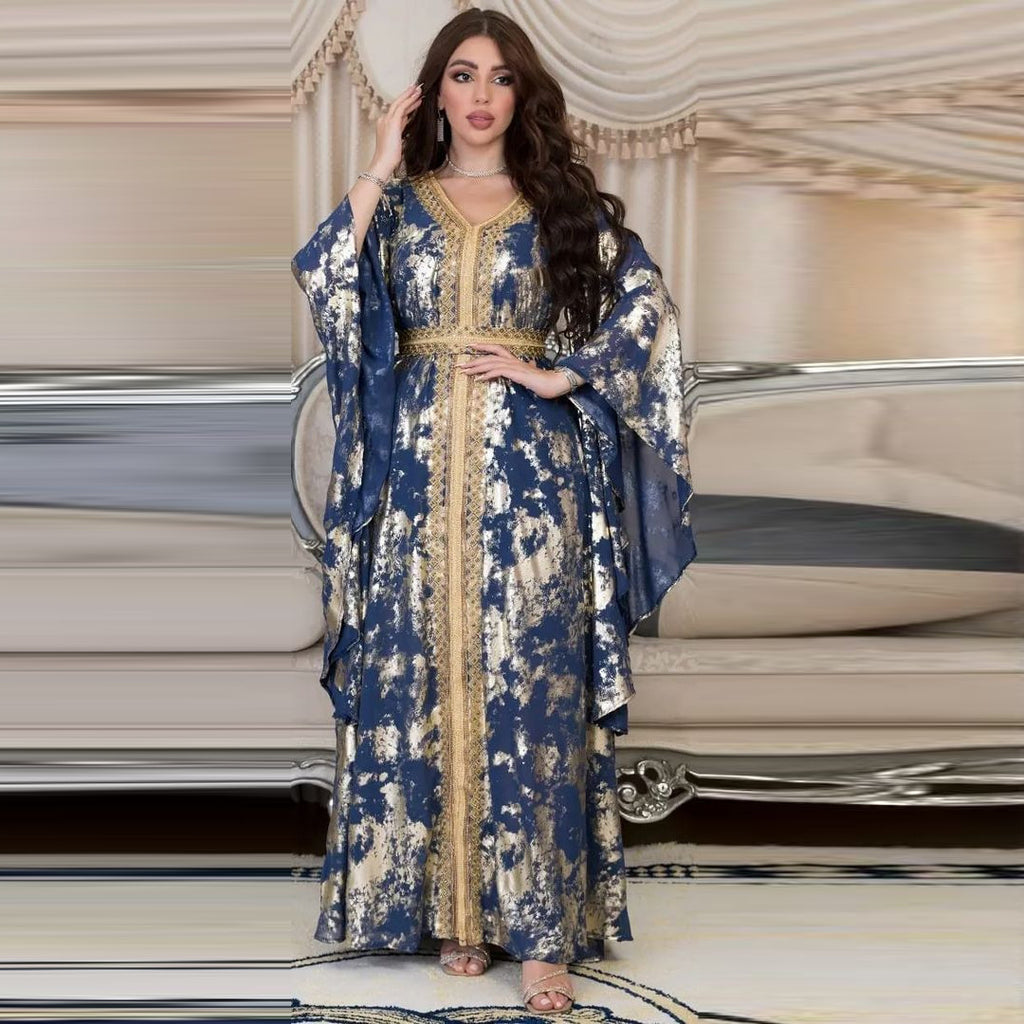 Muslim Chiffon Bronzing Long Sleeve Robe with Belt Dress