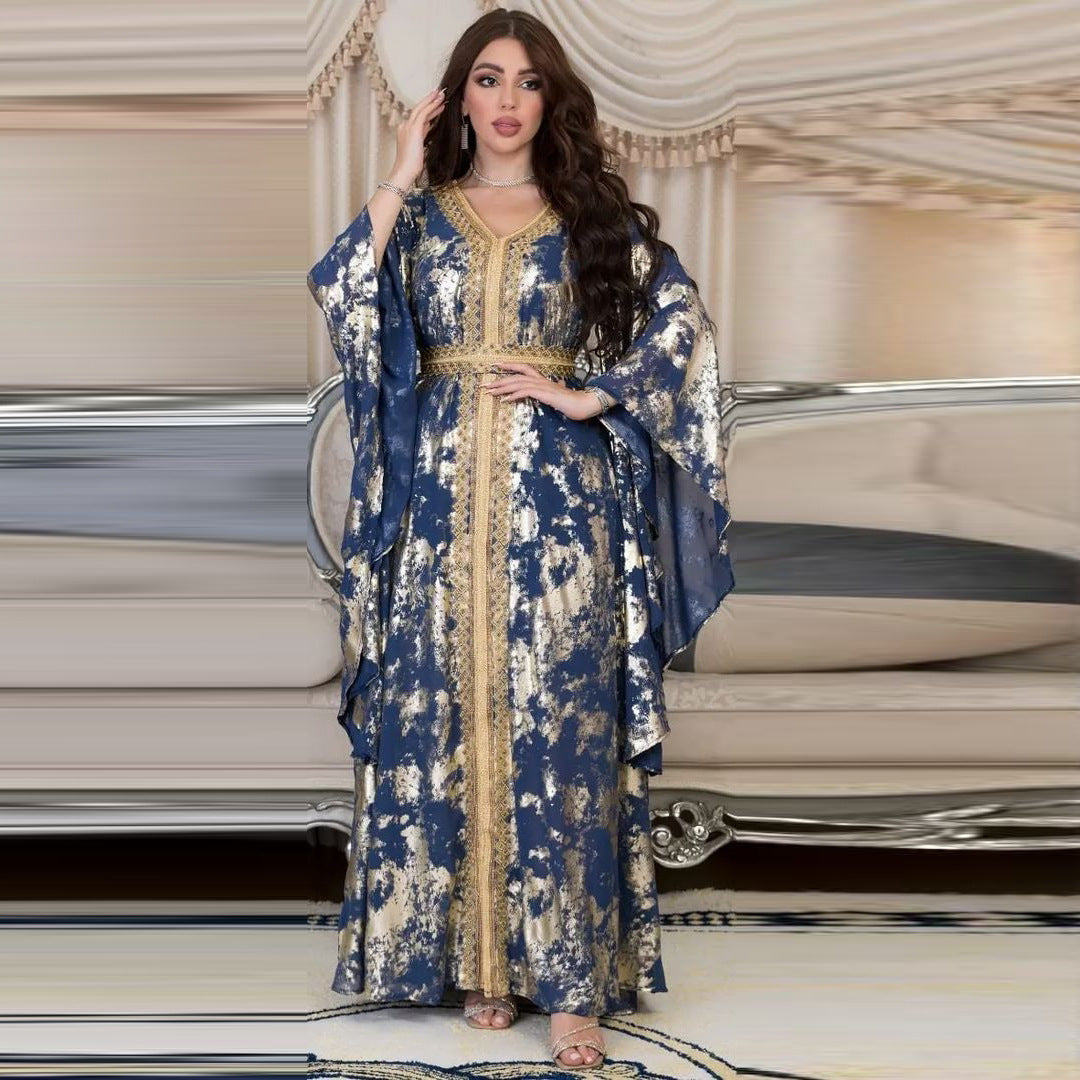 Muslim Chiffon Bronzing Long Sleeve Robe with Belt Dress