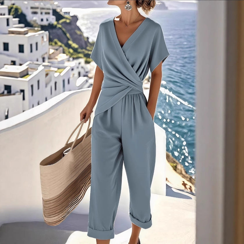 Women's Two-Piece Summer Suit Set Solid Color Irregular Short Sleeve